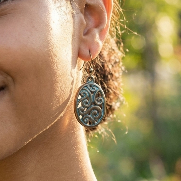 Jewelry - Elegant Aged Copper Oval Earrings with Intricate Design